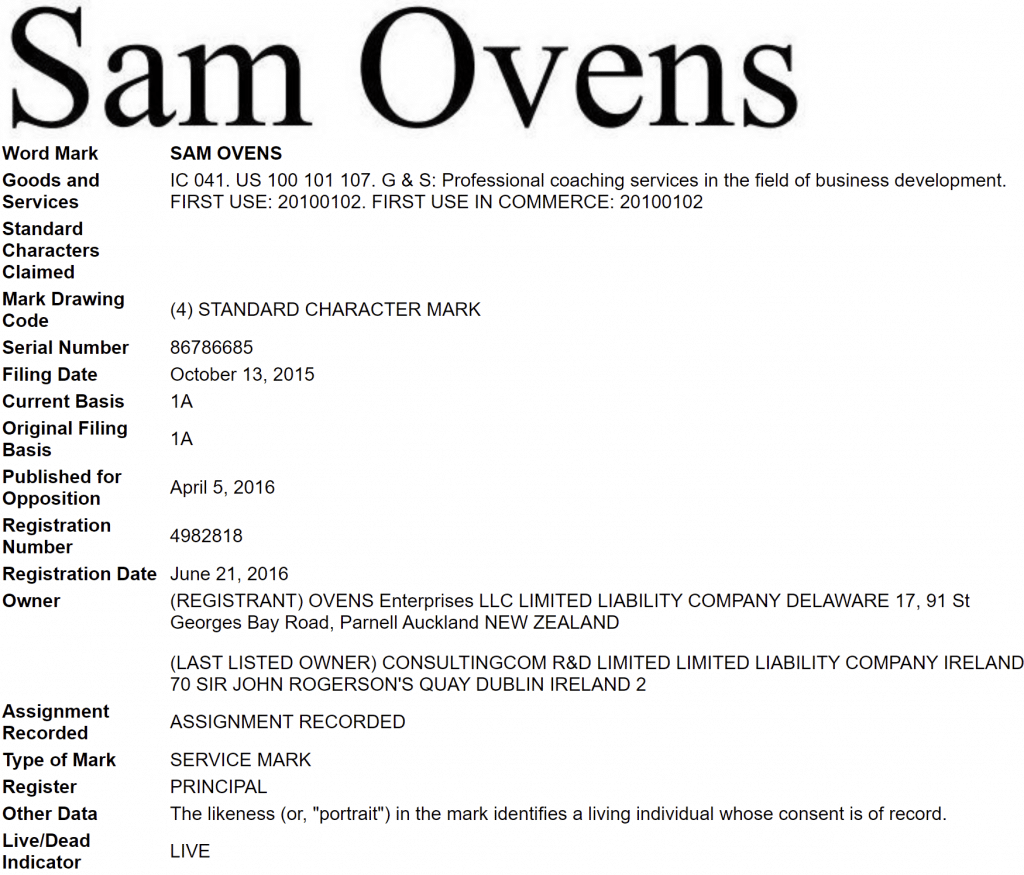 Fake DMCA Sam Ovens "word mark"