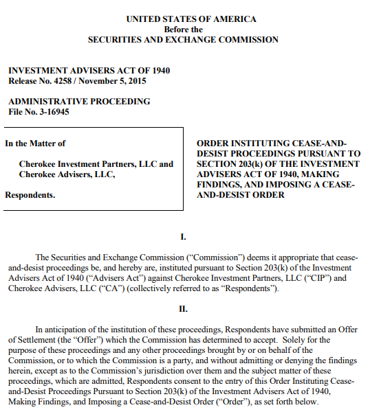 Investment Adviser Act against Cherokee Investment Partners LLC. 
