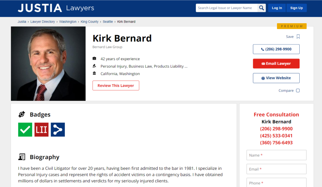 Justia Profile of Kirk Bernand 
