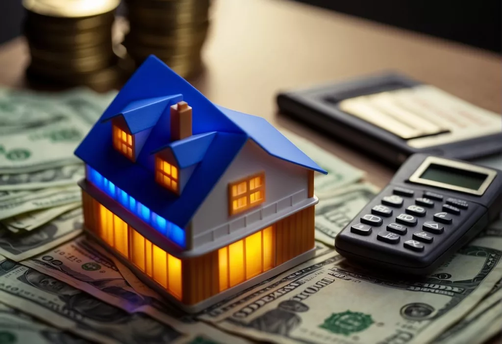 A glowing house with a price tag hovering above it, surrounded by dollar signs and a calculator, indicating the concept of pricing information for homeaglow